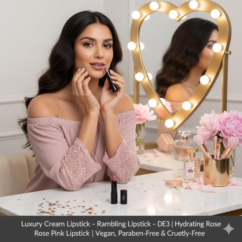 Luxury Cream Lipstick – Rambling Rose – DE3 | Hydrating Rose Pink Lipstick | Vegan, Paraben-Free & Cruelty-Free